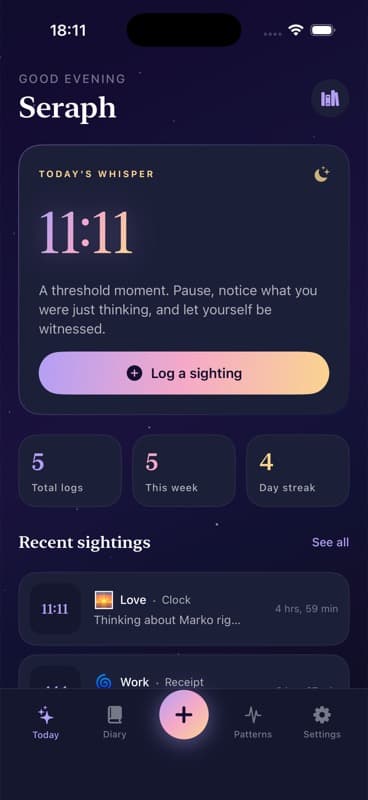 Seraph app home screen with demo angel-number journal data